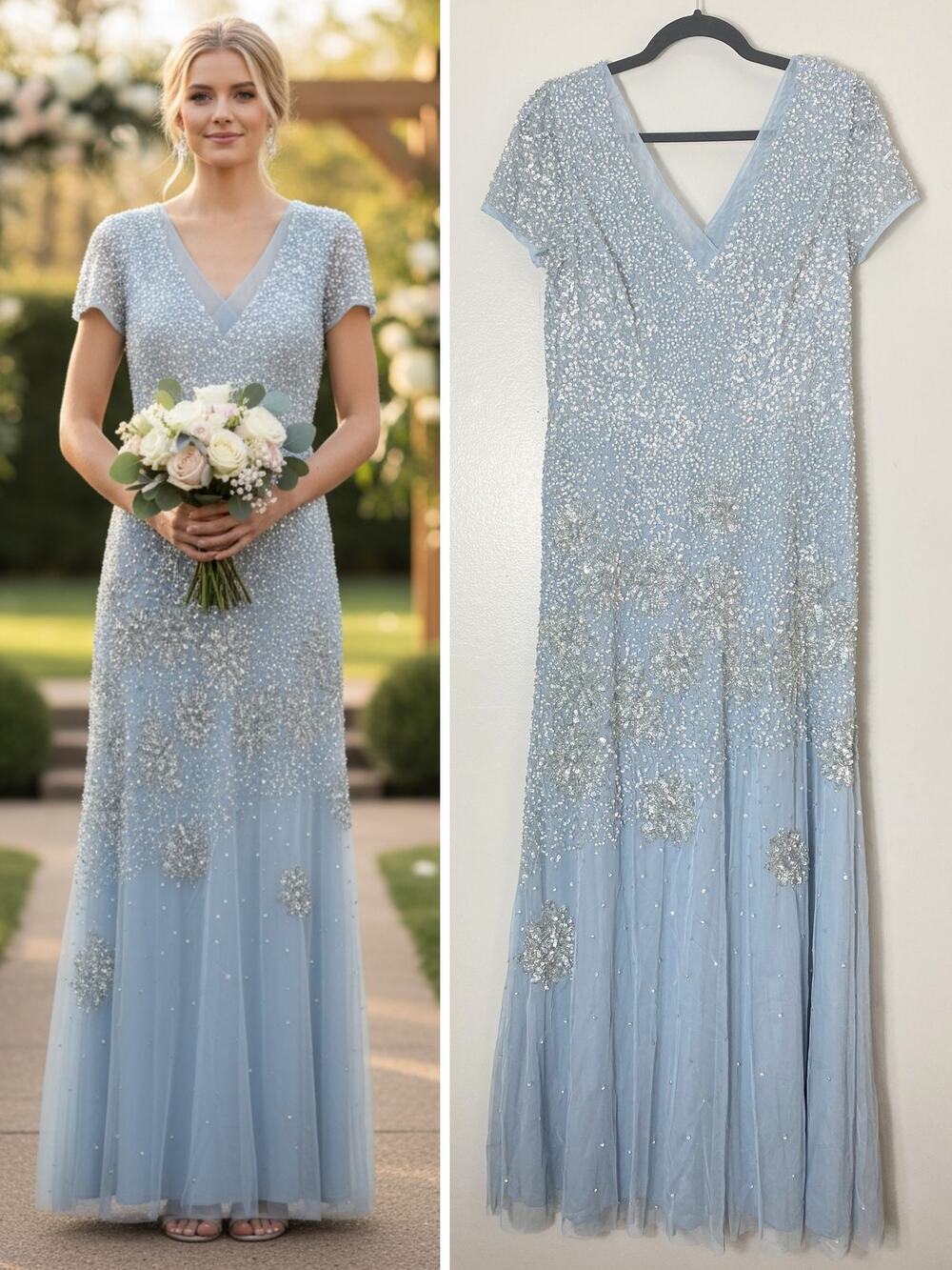 Adrianna Papell Blue Sequin Beaded Wedding Guest Dress Mother of the Bride Gown